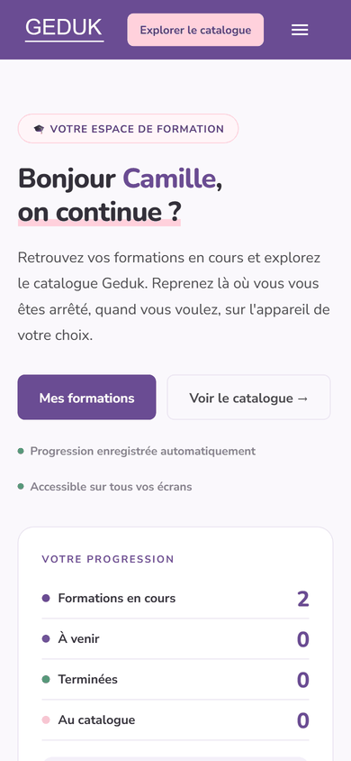 The same Geduk learner home page on a phone