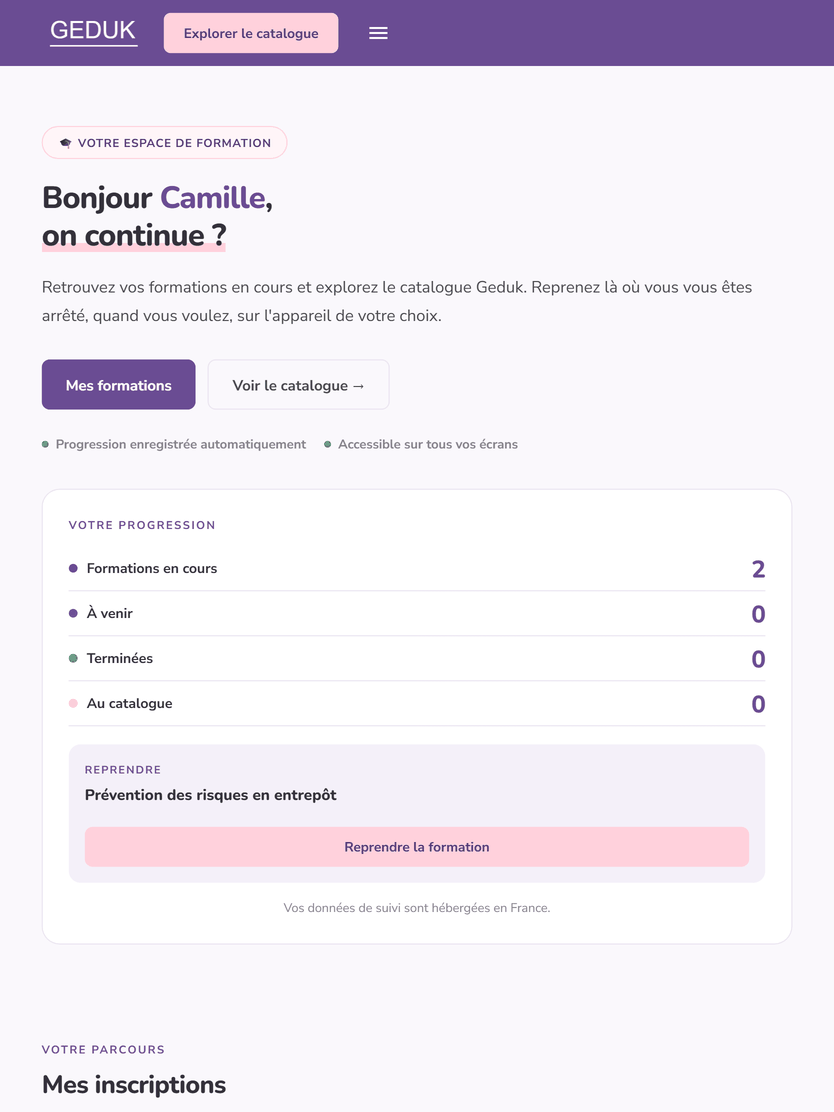 The same Geduk learner home page on a tablet