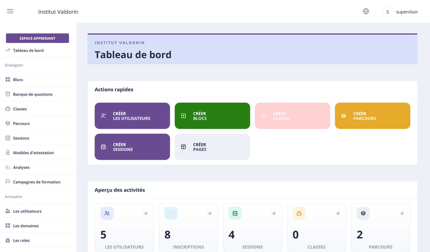 Geduk dashboard: quick actions and an overview of a training organization's activity