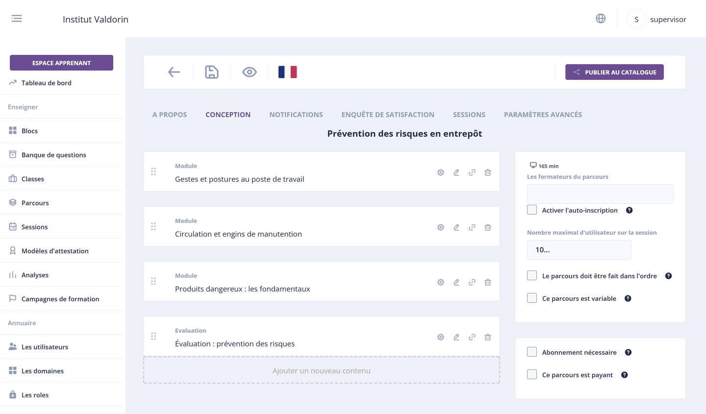 Building a learning path in Geduk: three modules, an assessment and the session settings